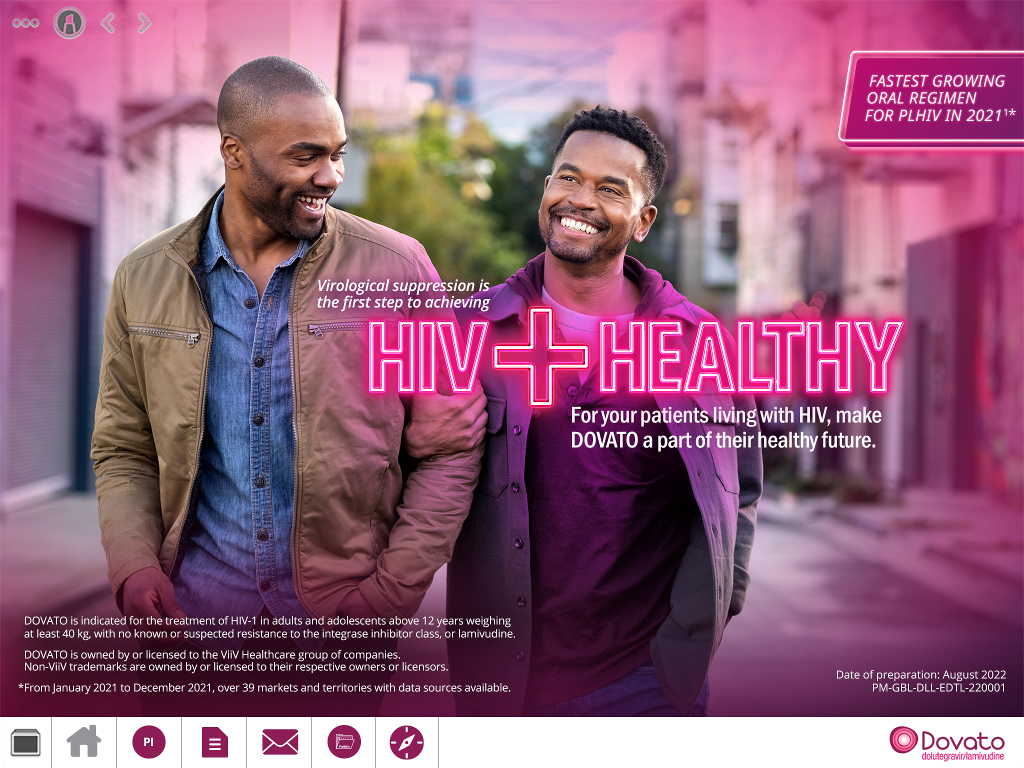 The cover of a digital sales aid, featuring two smiling men walking side-by-side and a headline done in a glowing neon outline.