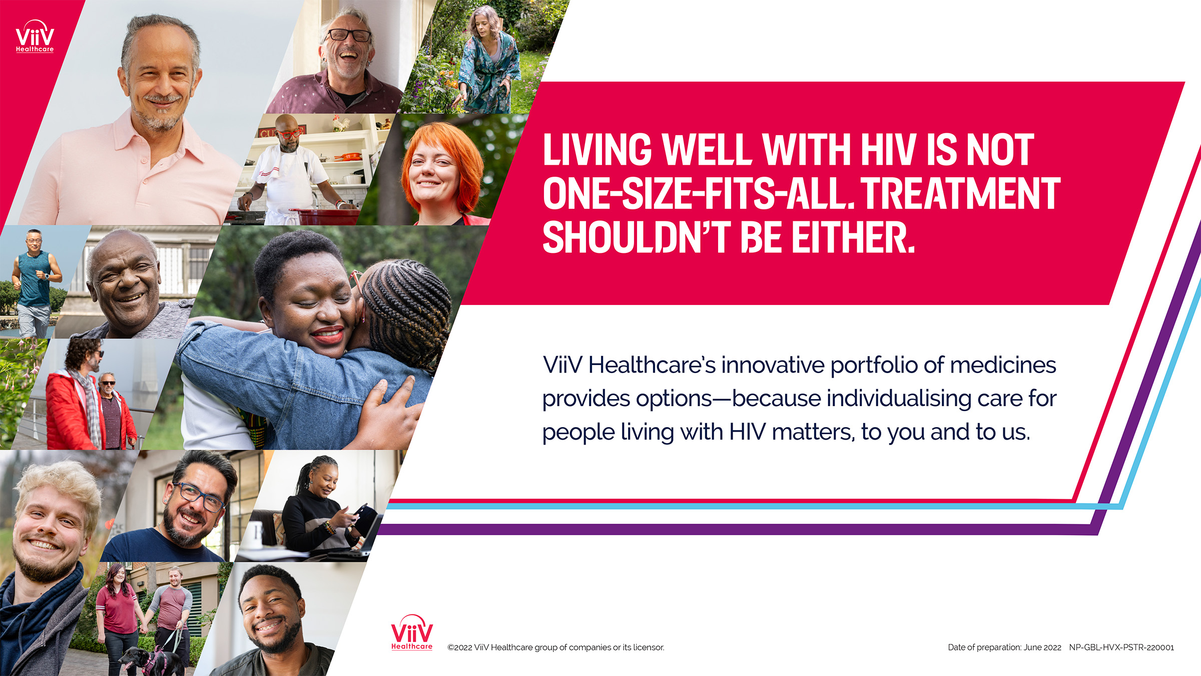 A pharmaceutical ad showing a collage of smiling patients on the left, arranged in a grid inside a diagonal shape, and callout text on the right in a bright red container. Lines of red, purple, and blue slant below the red callout, holding copy that describes the company's mission.