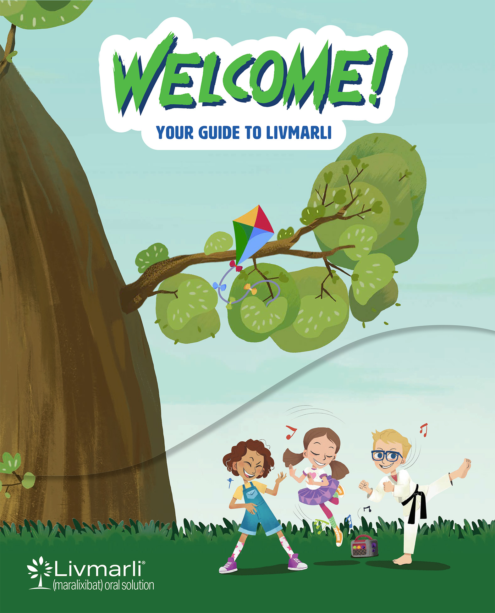 The cover of a pharmaceutical patient welcome kit. A colorful illustrated tree curves off to the left; a single branch sprouts bountiful leaves, and a kite is wedged in the branch. In the lower right corner, a trio of children dances to music playing on a radio.