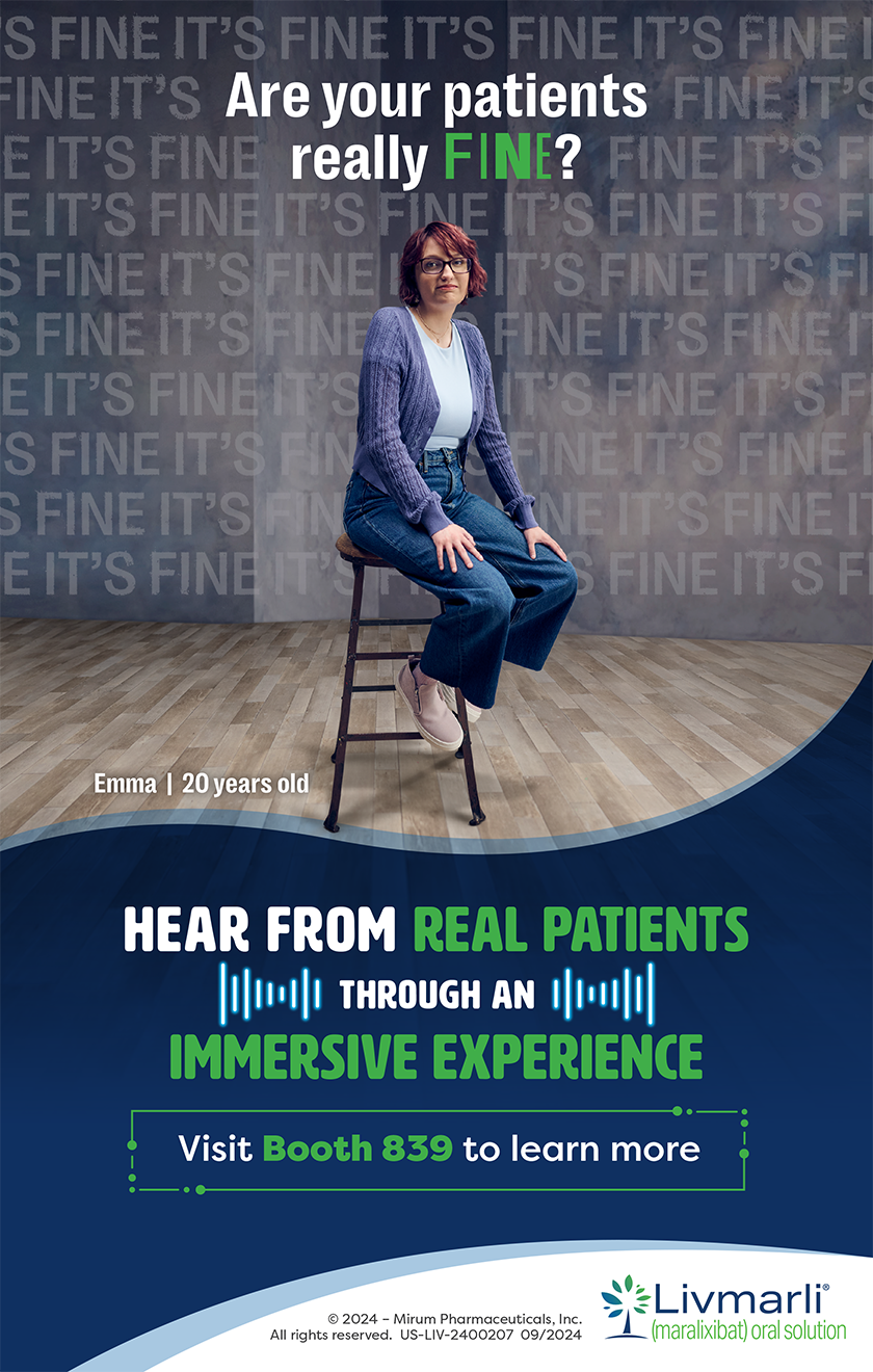 A poster from a conference showing a patient sitting on a stool before a gray wall. The words "It's Fine" repeat over and over again on the wall, with the headline "Are your patients really FINE?" nestled among them. The lower third of the poster is covered by a curving dark blue shape. White-and-green text, accompanied by glowing soundbar graphics, invites viewers to visit the company's booth for an immersive experience.