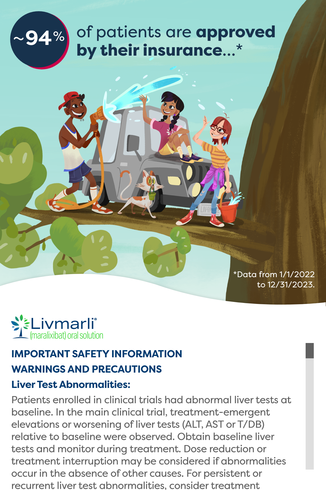 A frame from a 300x600 web banner, showing a cartoon illustration of three teenagers washing a jeep; the illustration is nestled on a tree branch, beneath a callout. The background is a bright blue sky. The tree's trunk anchors on the right side of the frame.