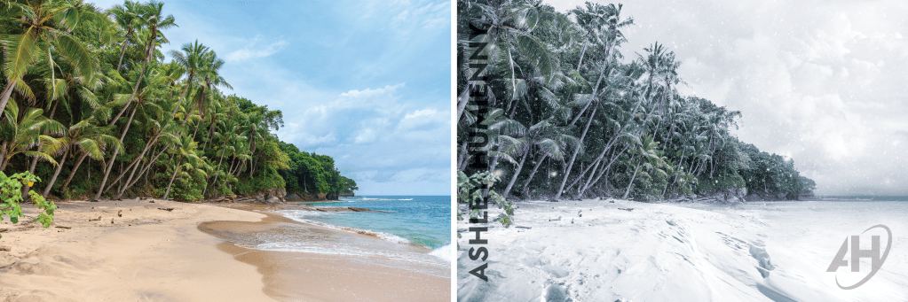 A pair of images; on the left is a tropical beach on a palm-tree-filled island, under cloud-washed blue skies. On the right, this scene has been transformed into a winter wonderland of sorts, where beach sands have turned to rippled white snow and puffy gray clouds send down fresh flakes.