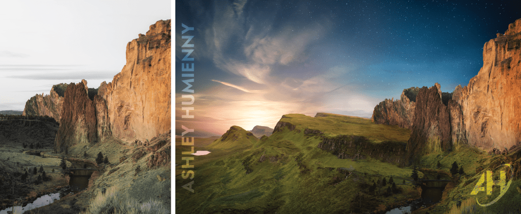 A pair of images; on the left side is a vertical image of the sheer cliffside of a mountain and the grassy slopes at its feet, with a river winding through it. The sky is cloudy gray and pine trees dot the landscape. The right side has a much wider image where the mountain is on the right, and an expanse of cliffs and green hills spreads out to the left, beneath a vibrant sunset sky.